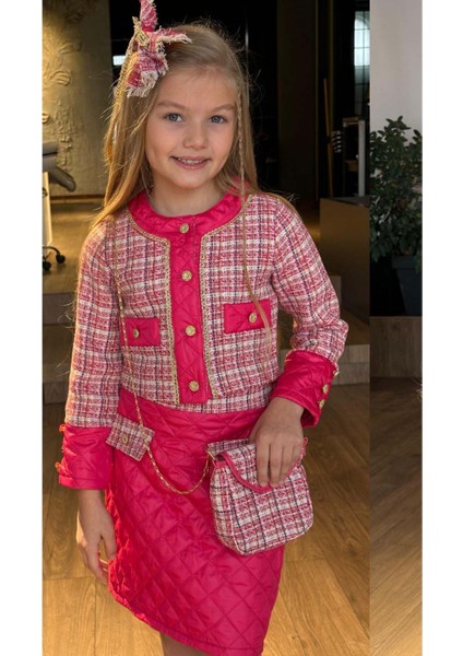 Kız Çocuk Gold Şerit ve Kapitone Detaylı Şanel Kumaş Fuşya Etekli Takım fırsatları