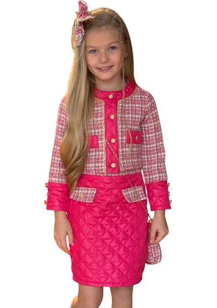 Kız Çocuk Gold Şerit ve Kapitone Detaylı Şanel Kumaş Fuşya Etekli Takım indirimleri