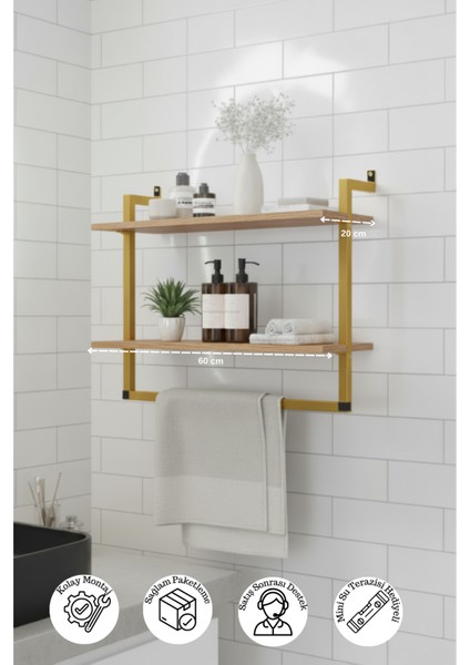 60X20 cm Banyo Rafı Duvara Monte Havluluk 2 Katlı Dekoratif Düzenleyici Organizer Gold Metal