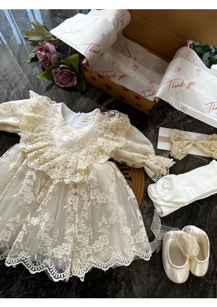 Orkide Kız Bebek Elbiseli Bandanalı Mevlit Seti 4'lü