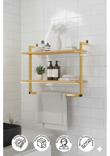 60X20 cm Banyo Rafı Duvara Monte Havluluk 2 Katlı Dekoratif Düzenleyici Organizer Gold Metal