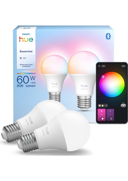 Hue Essential 8W E27 806 Lumen Renkli Akıllı Ampul A60 (2'li Ekopaket)