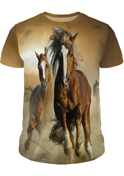 Unisex Kahverengi Koşan Atlar Baskılı Slim Fit Tişört