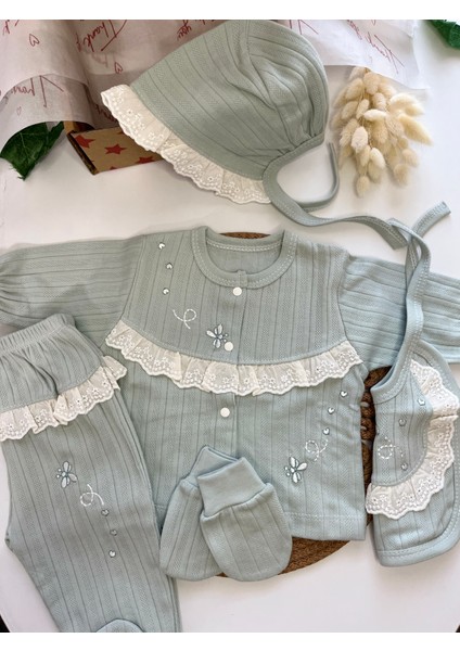 Arılı Kalpli Dantel Detaylı Kız Bebek 5li Set 0-3AY Hastane Çıkışı fiyatları