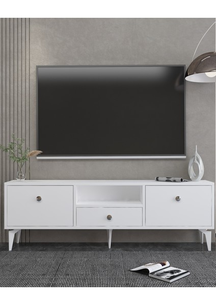 1300DROPDD-1 Tv Sehpası Beyaz-Gümüş Kulp
