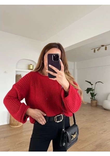 Salaş Delik Detaylı Kazak Kırmızı fiyatları