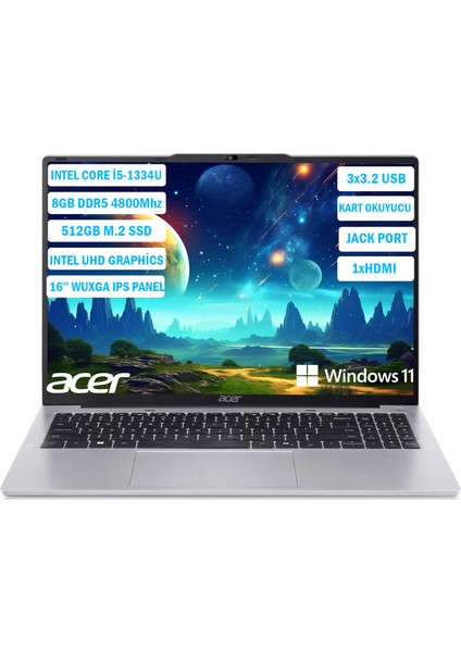 Aspire Lite I5-1334U 8 GB 512 GB SSD 16" ( 1920 x 1200) IPS Windows 11 Home NX.J23EY.001