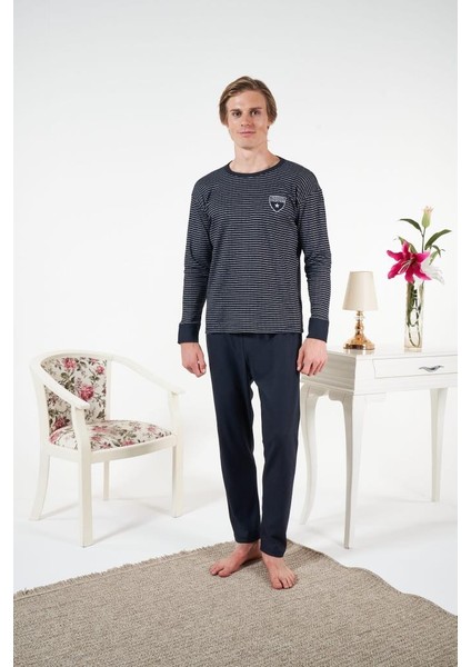 Erkek Kışlık Çizgili Interlok Şardonlu Pijama Takımı