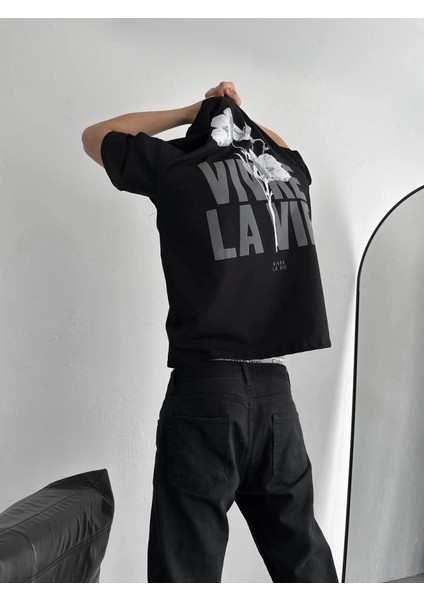 Baskılı Oversize Bisiklet Yaka T-Shirt - Siyah