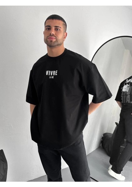 Baskılı Oversize Bisiklet Yaka T-Shirt - Siyah fırsatları
