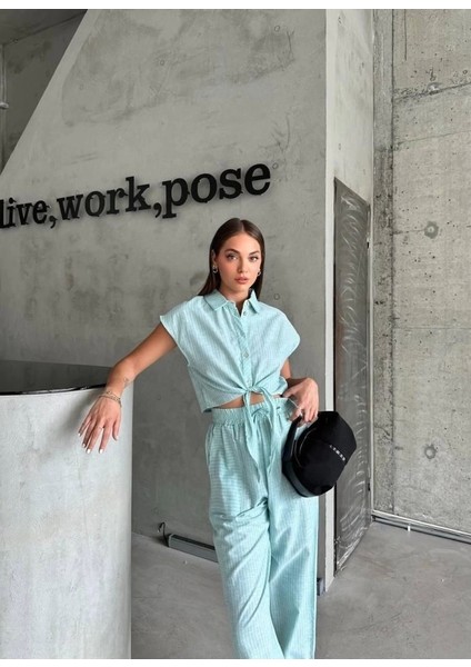 Çizgili Keten Kolsuz Crop Pantolon Takım - Yeşil modelleri