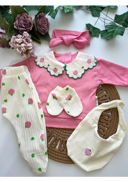 Çilek Nakışlı Yaka Detaylı 0-3 Ay Uyumlu Kız Bebek 5'li Set Hastane Çıkışı