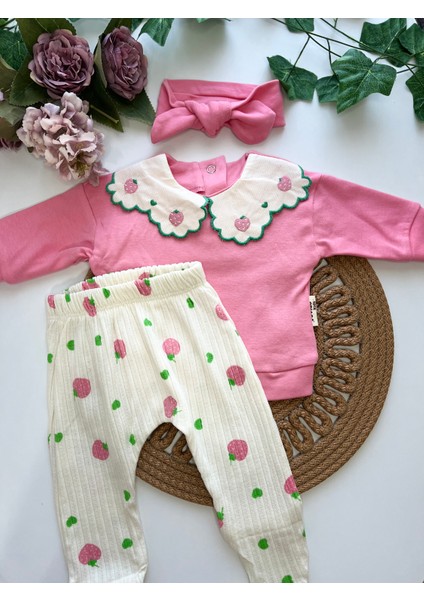 Çilek Nakışlı Yaka Detaylı 0-3 Ay Uyumlu Kız Bebek 5'li Set Hastane Çıkışı modelleri