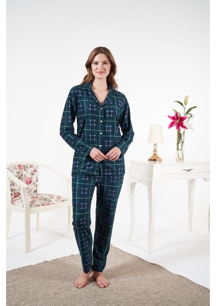 Kadın Kışlık Önden Düğmeli Kareli Süet Pijama Takımı fırsatları
