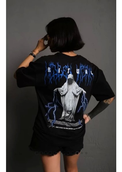 Unisex Bisiklet Yaka Baskılı Oversize T-Shirt - Siyah fiyatları