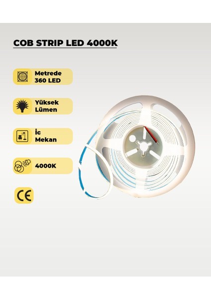 12V Cob Şerit LED Günışığı Işık - Metrede 360 LED - 5 Metre
