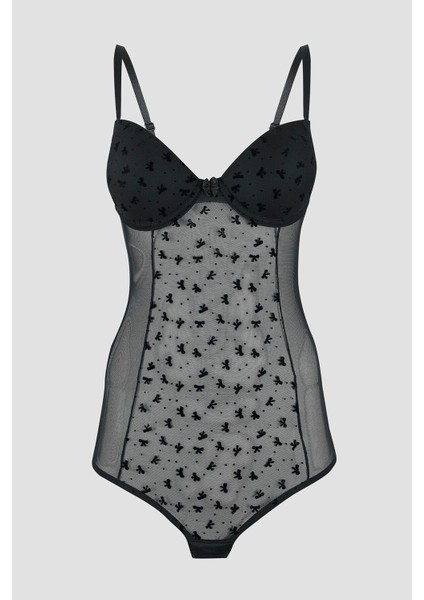 Siyah Bow Hafif Destekli Bodysuit