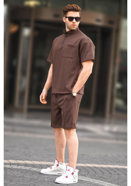 Kahverengi Fermuarlı Erkek Şort Takımı 5947
