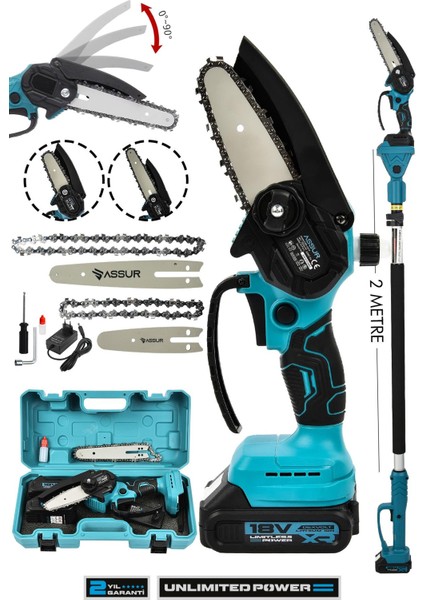 18V Çift Akülü Ağaç Dal Kesme Budama Testeresi & Teleskopik Kollu