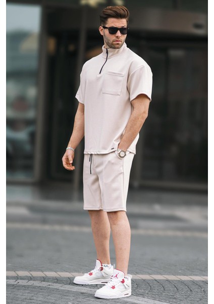 Bej Fermuarlı Erkek Şort Takımı 5947