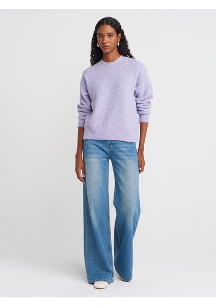 10640 Bisiklet Yaka Yumuşak Dokulu Triko Kazak-Lila fırsatları