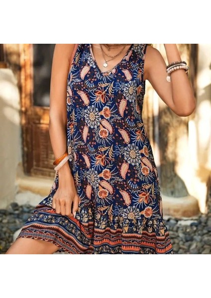 Mdb Kadın Askılı V Yakalı Fırfırlı Desenli Süprem Kısa Elbise modelleri