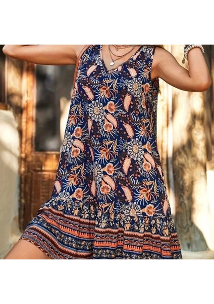 Mdb Kadın Askılı V Yakalı Fırfırlı Desenli Süprem Kısa Elbise fırsatları