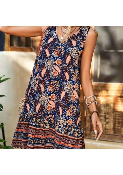 Mdb Kadın Askılı V Yakalı Fırfırlı Desenli Süprem Kısa Elbise