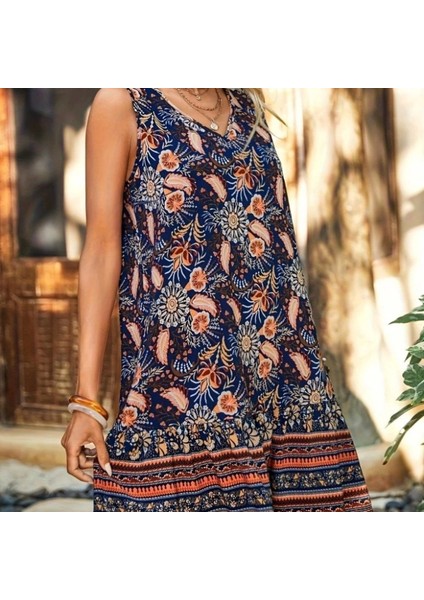 Mdb Kadın Askılı V Yakalı Fırfırlı Desenli Süprem Kısa Elbise