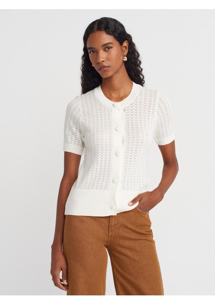 60974 Bisiklet Yaka Ajurlu Düğmeli Triko Hırka-Ekru