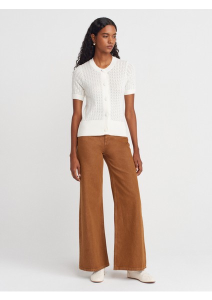 60974 Bisiklet Yaka Ajurlu Düğmeli Triko Hırka-Ekru fırsatları