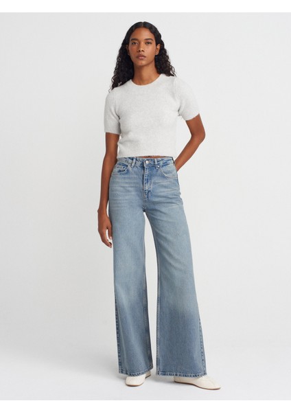 72039 Dökümlü Geniş Denim Pantolon-Mavi