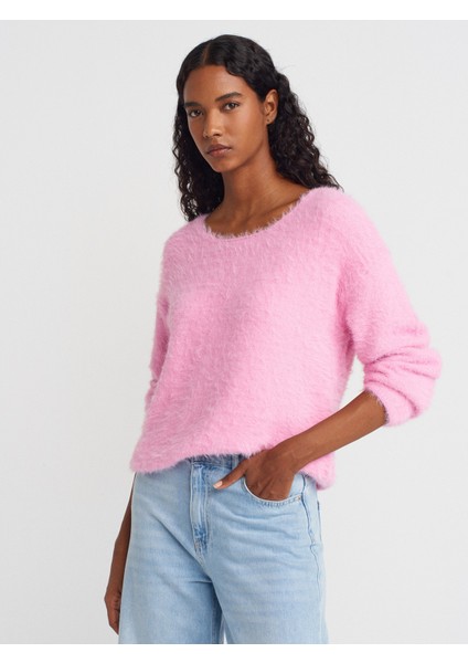 10806 Kayık Yaka Yumuşak Dokulu Triko Kazak-Pembe