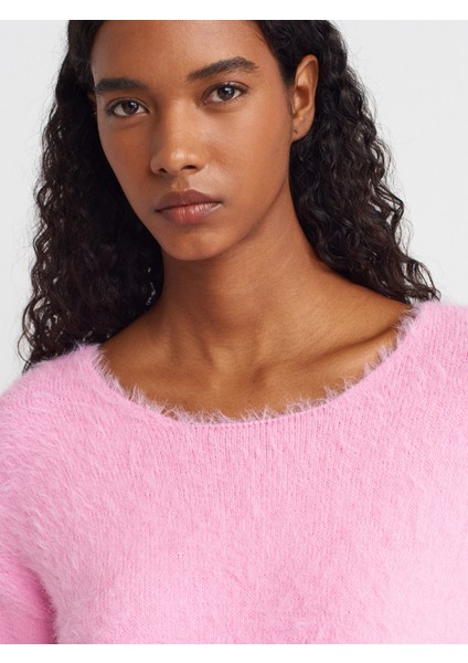 10806 Kayık Yaka Yumuşak Dokulu Triko Kazak-Pembe modelleri