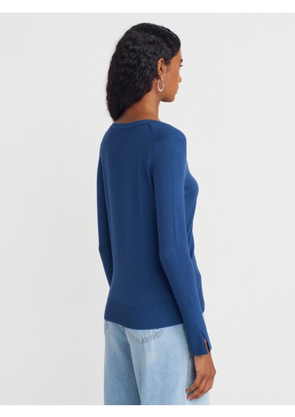 10427 V Yaka Kolu Yırtmaçlı Kazak-Indigo fiyatları