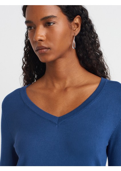 10427 V Yaka Kolu Yırtmaçlı Kazak-Indigo modelleri