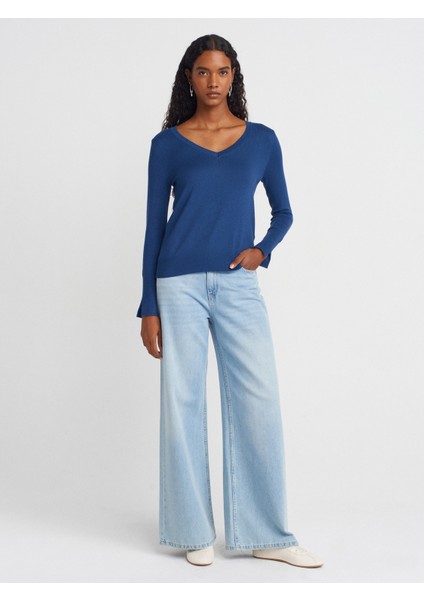 10427 V Yaka Kolu Yırtmaçlı Kazak-Indigo fırsatları