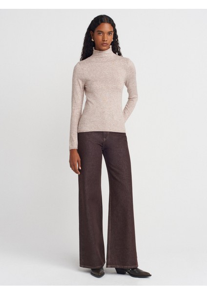 10714 Dik Yaka Yünlü Yumuşak Ince Dokulu Triko Kazak-Vizon M. fırsatları