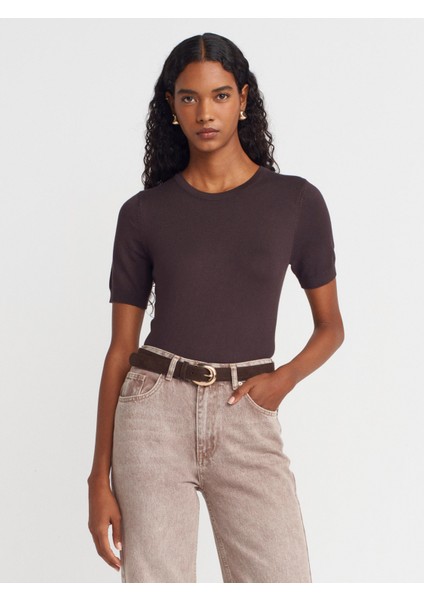 10779 Bisiklet Yaka Kısa Kol Basic Triko Bluz-Koyu Kahve