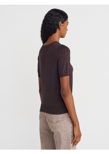 10779 Bisiklet Yaka Kısa Kol Basic Triko Bluz-Koyu Kahve fiyatları