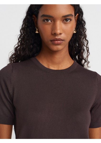 10779 Bisiklet Yaka Kısa Kol Basic Triko Bluz-Koyu Kahve modelleri