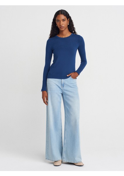 1267 Bisiklet Yaka Kol Ortası Droplu Kazak-Indigo fırsatları