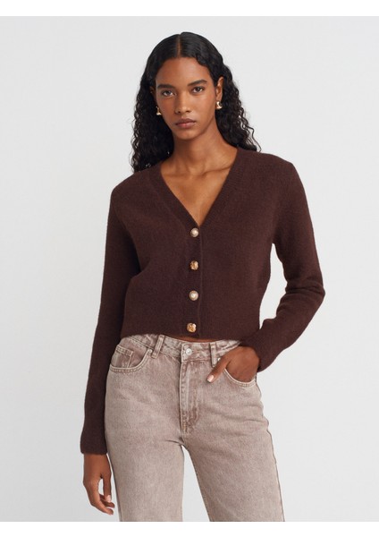 60273 V Yaka Düğmeli Triko Hırka-Kahve