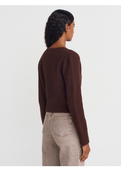 60273 V Yaka Düğmeli Triko Hırka-Kahve fiyatları