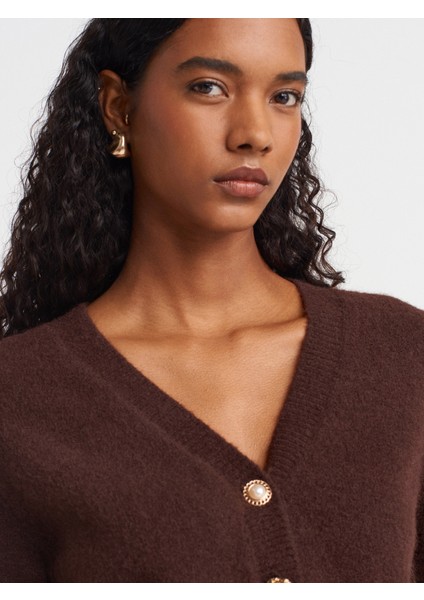 60273 V Yaka Düğmeli Triko Hırka-Kahve modelleri