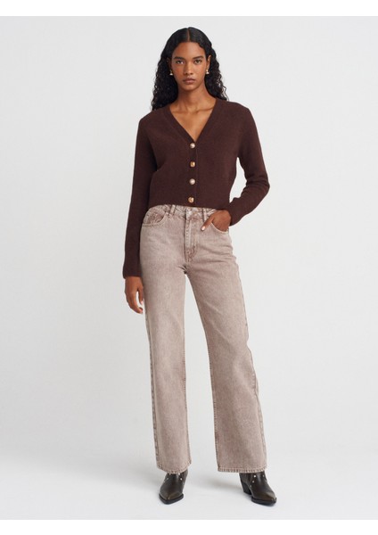 60273 V Yaka Düğmeli Triko Hırka-Kahve fırsatları