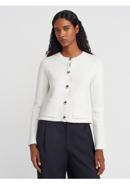 60935 Bisiklet Yaka Pullu Simli Düğmeli Triko Hırka-Ekru