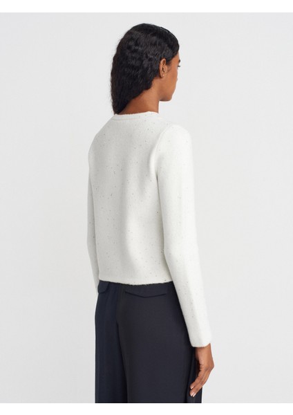 60935 Bisiklet Yaka Pullu Simli Düğmeli Triko Hırka-Ekru fiyatları