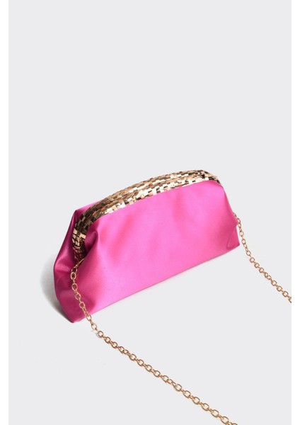 Fuşya Saten Gold Payet Detaylı Clutch Abiye Çanta
