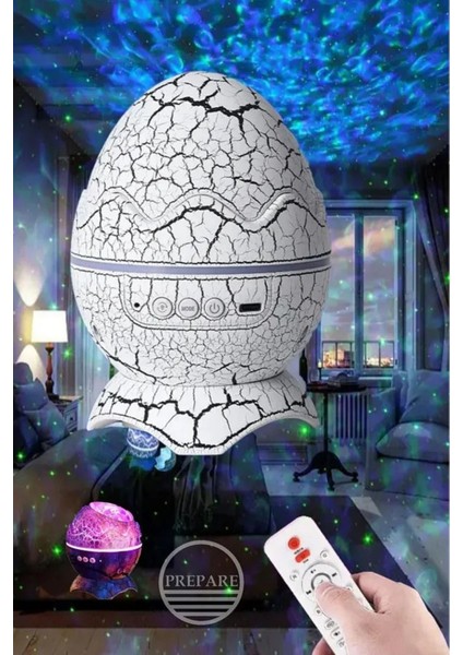 Dinazor Yumurta Galaksi Işık Projektörü Kumandalı Gece Lambalı Yıldızlı Atmosfer Bluetooth Hoparlör